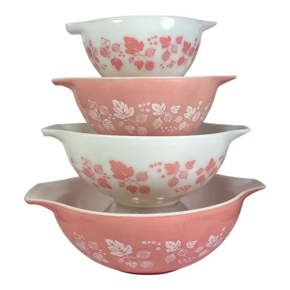 Vtg Set 4 PYREX Gooseberry Cinderella Nesting Mixing Bowls Pink 441 442 443 444